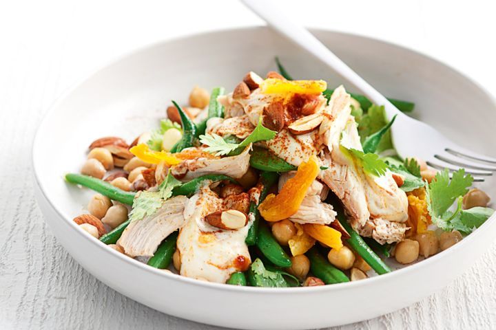Poached chicken, apricot, and chickpea salad